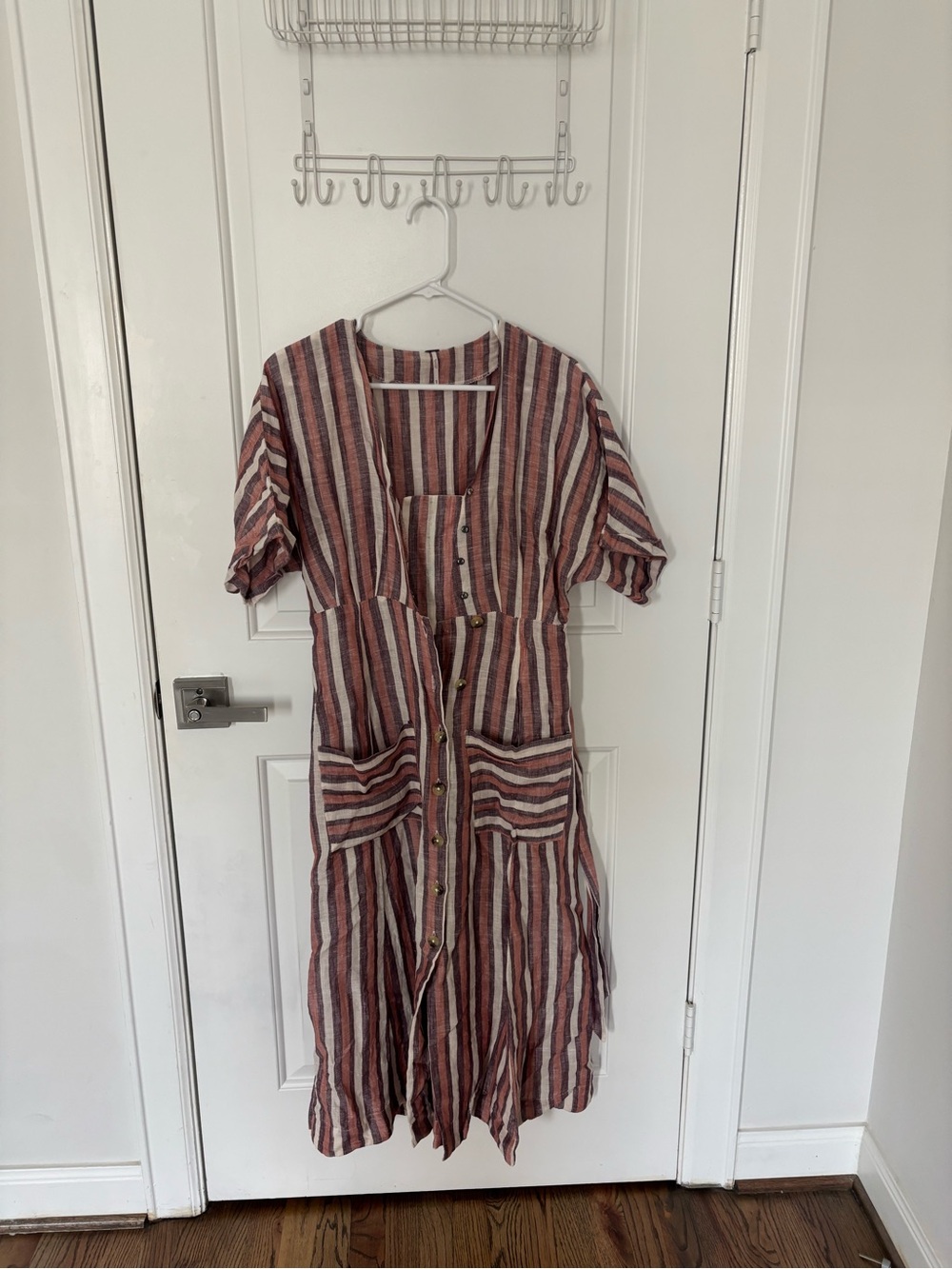Free People Red and Cream Striped Midi Button Dress